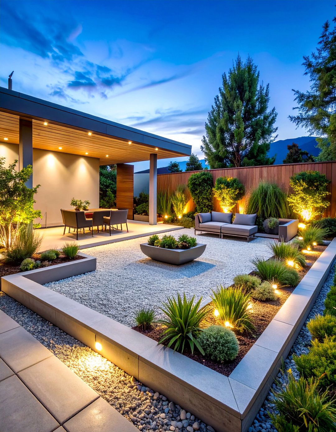 Modern Geometric Gravel Court - 25 Sunken Patio Ideas