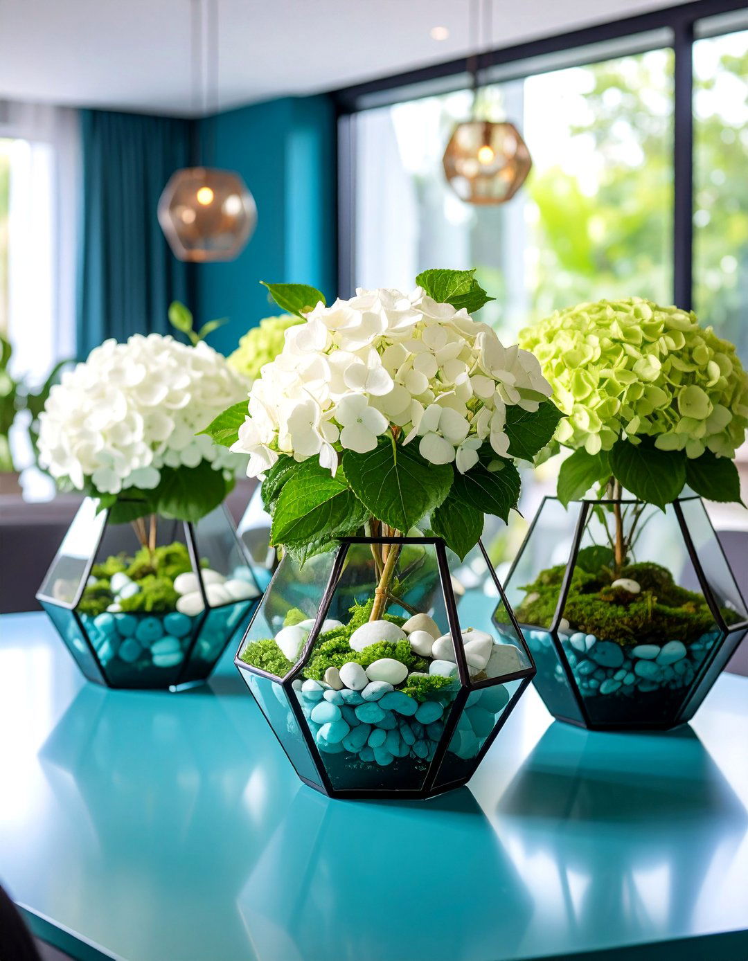 Modern Geometric Hydrangea Centerpiece - 25 Hydrangea Centerpiece Ideas