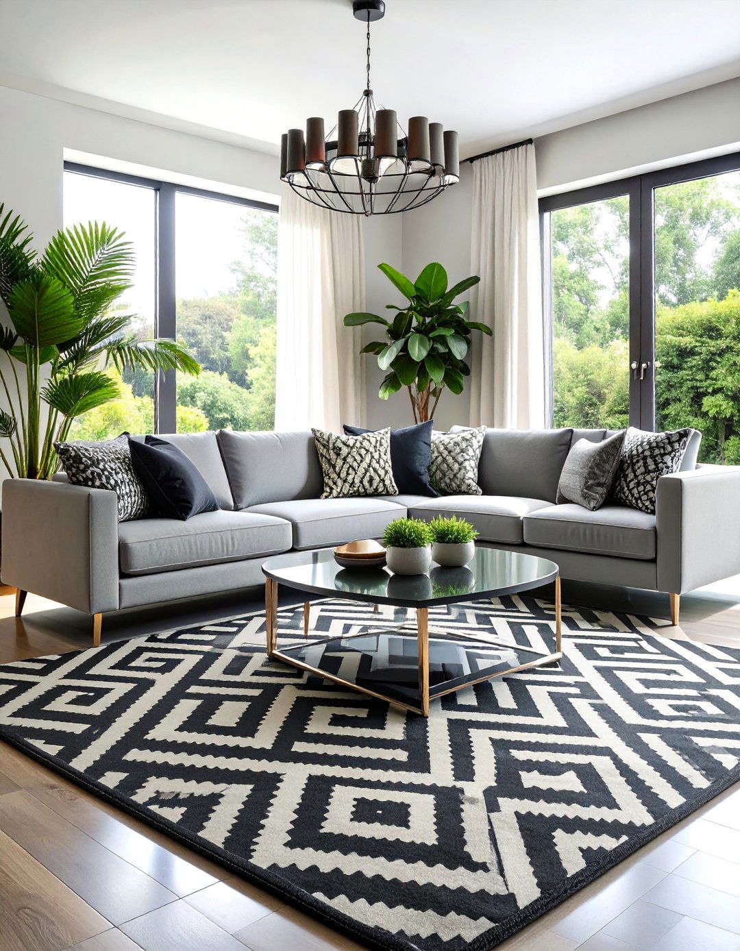 Modern Geometric Living Room with Black and White Rug - 25 Living Room Rug Ideas