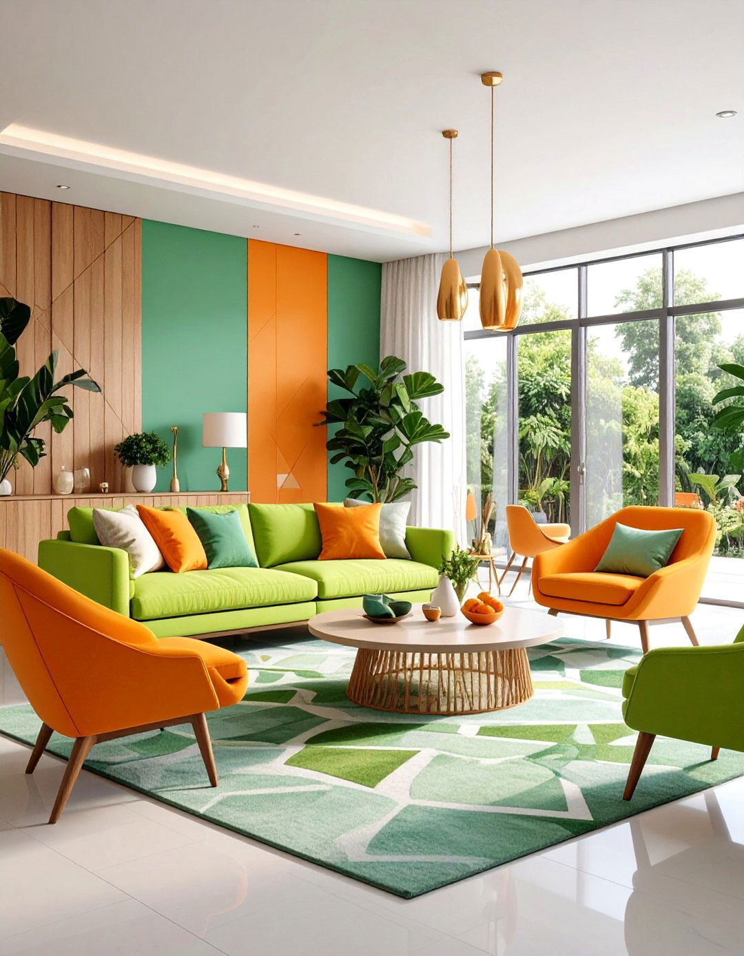Modern Geometric Living Room with Lime Green and Tangerine - 25 Green and Orange Living Room Ideas