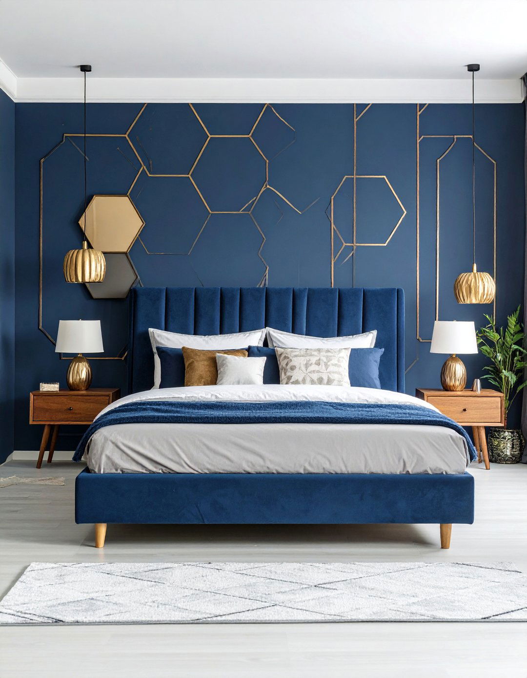 Modern Geometric Patterns in Navy and Gold - 25 Bedroom Wallpaper Ideas