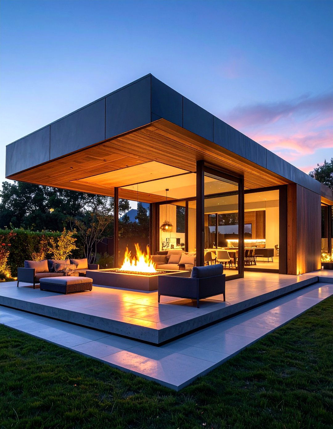 Modern Geometric Pavilion with Suspended Fireplace - 25 Backyard Pavilion With Fireplace