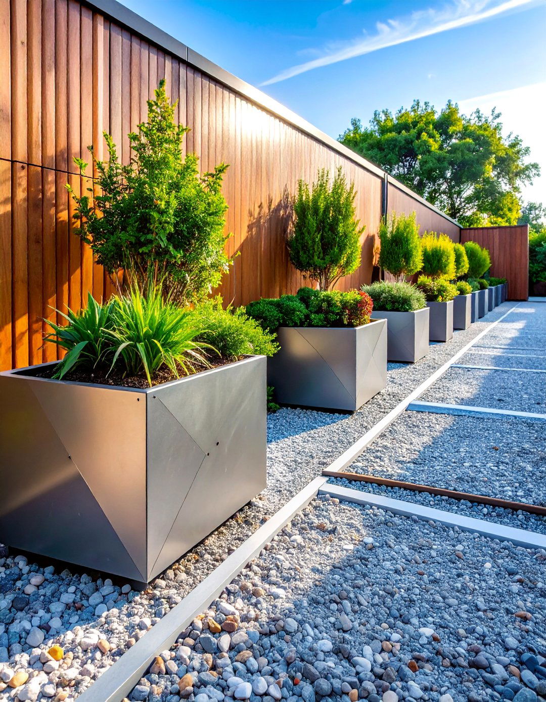 Modern Geometric Pea Gravel Walkway with Steel Planters - 25 Pea Gravel Walkway Ideas
