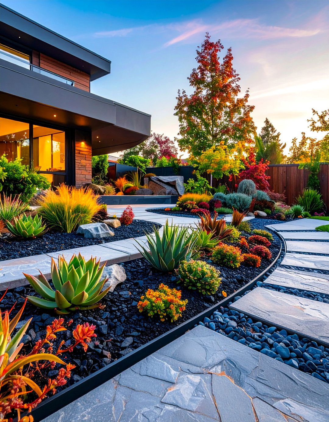 Modern Geometric Rock Garden with Colorful Mulch - 25 Front Yard Landscaping Ideas With Rocks and Mulch