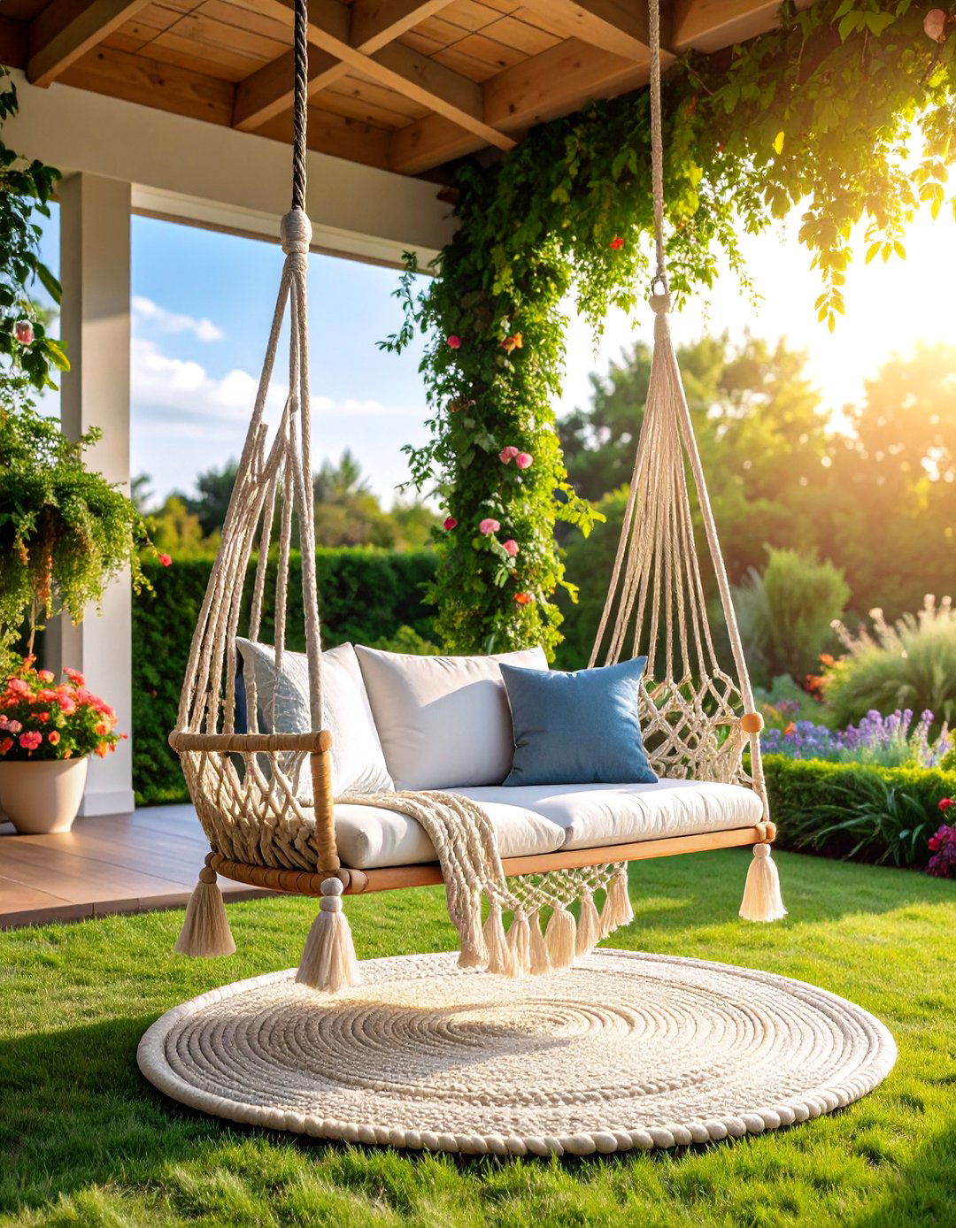 Modern Geometric Rope Porch Swing with Macrame Details - 25 Front Porch Swing Ideas