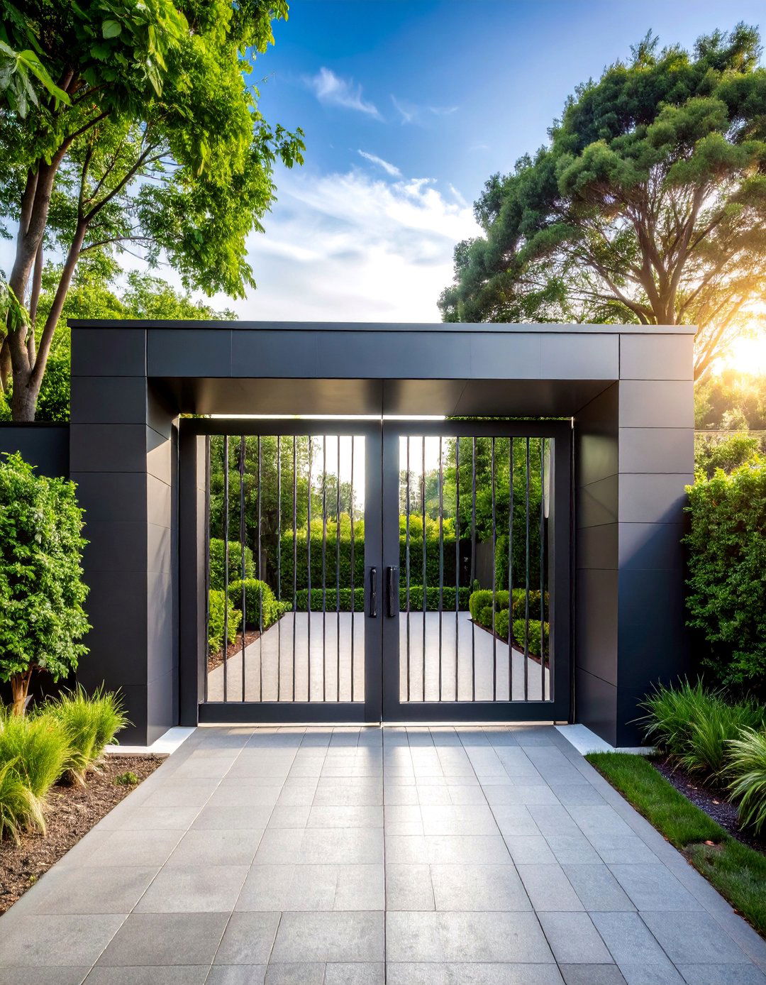 Modern Geometric Steel Gate with Clean Lines - 25 Metal Garden Gate Ideas