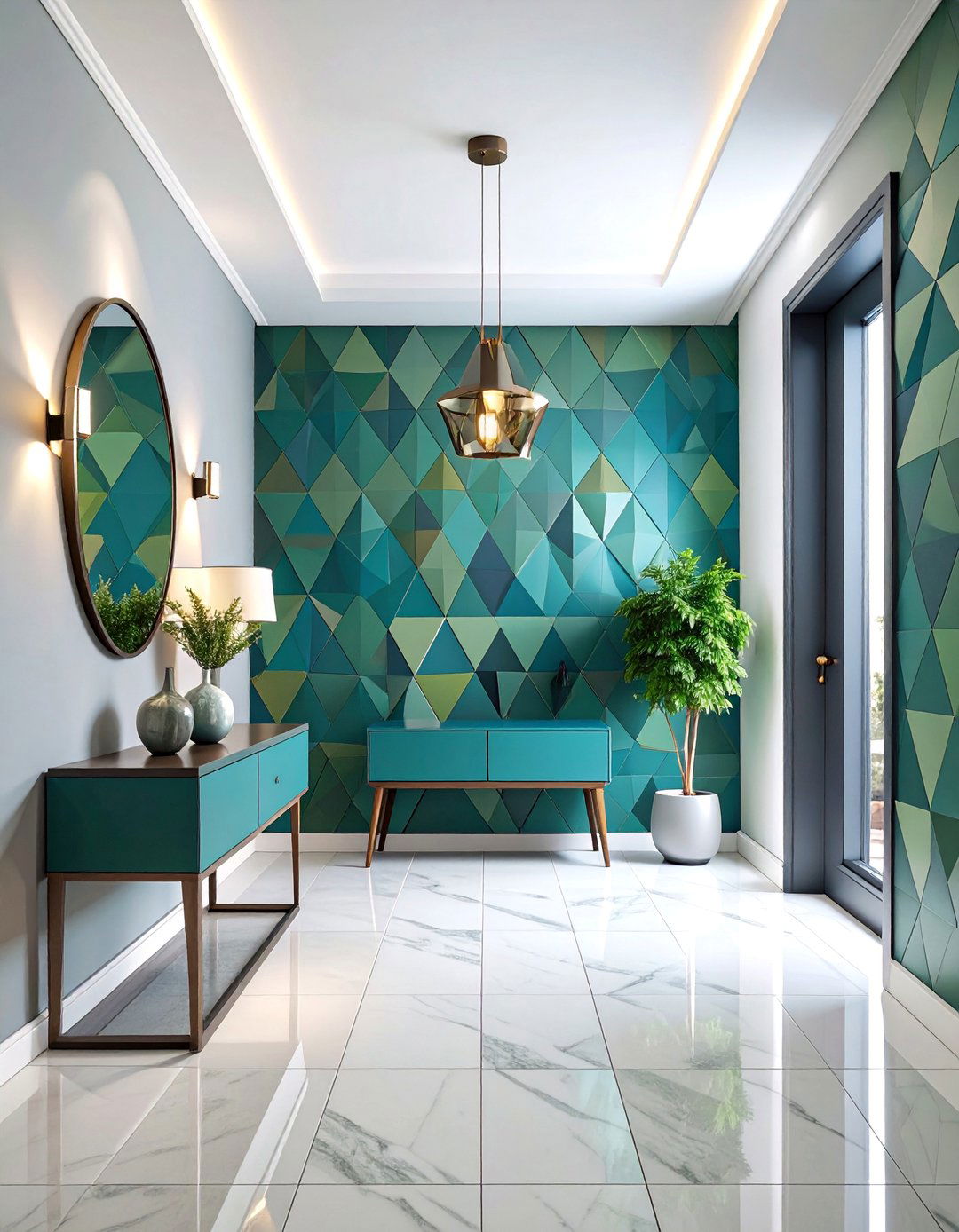 Modern Geometric Wallpaper Feature Hallway - 25 Hallway Ideas