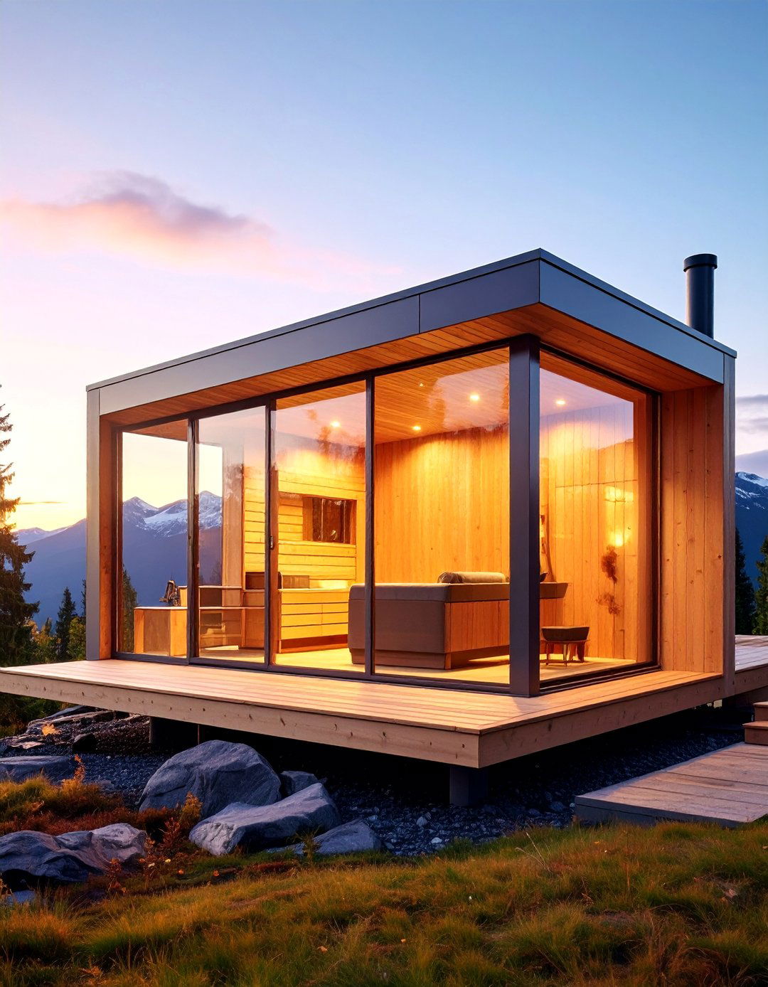 Modern Glass Front Cube Sauna with Electric Heater - 25 Outdoor Sauna Ideas