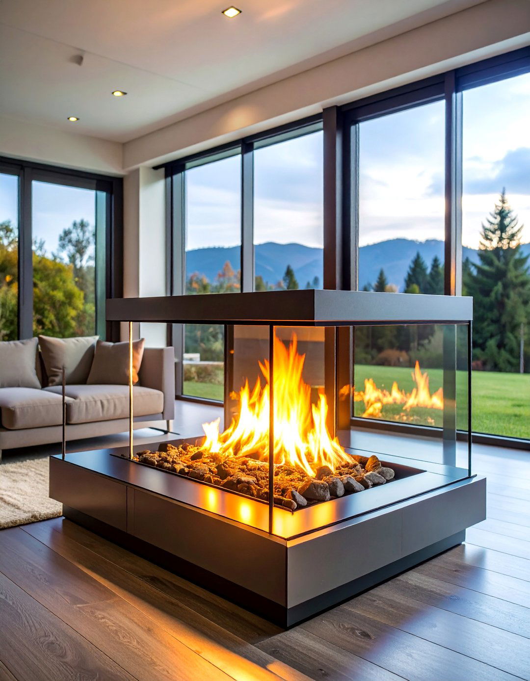 Modern Glass Peninsula Fireplace with Steel Frame - 25 3 Sided Fireplace Ideas