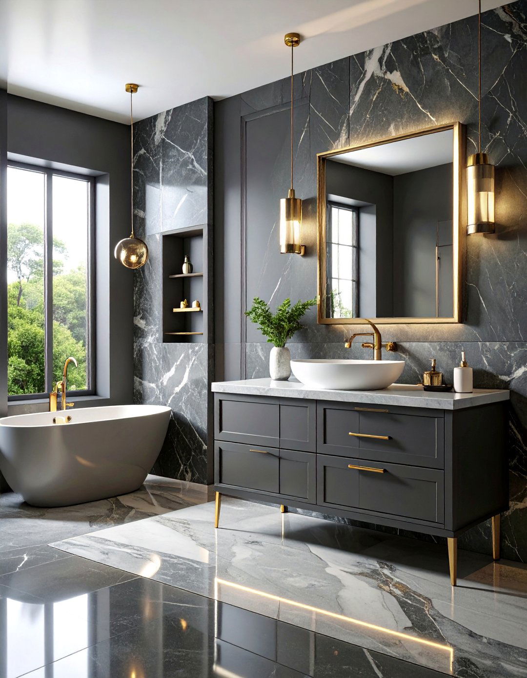 Modern Gray Marble Bathroom with Brass Accents - 25 Neutral Bathroom Ideas