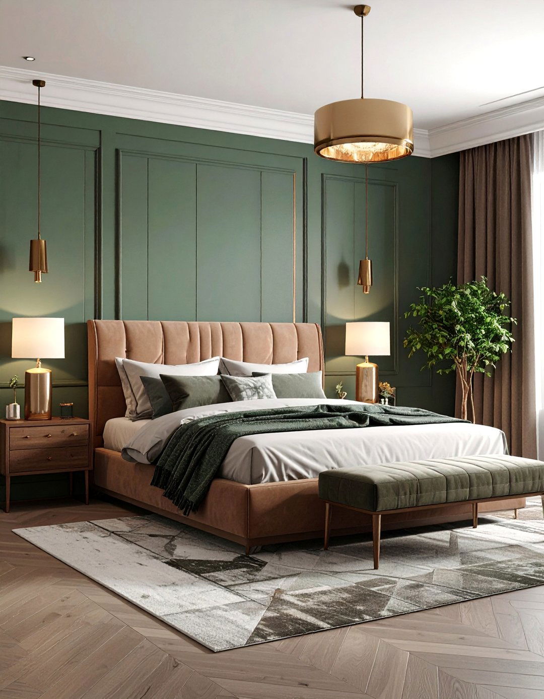 Modern Green Bedroom with Geometric Brown Patterns - 25 Green and Brown Bedroom Ideas