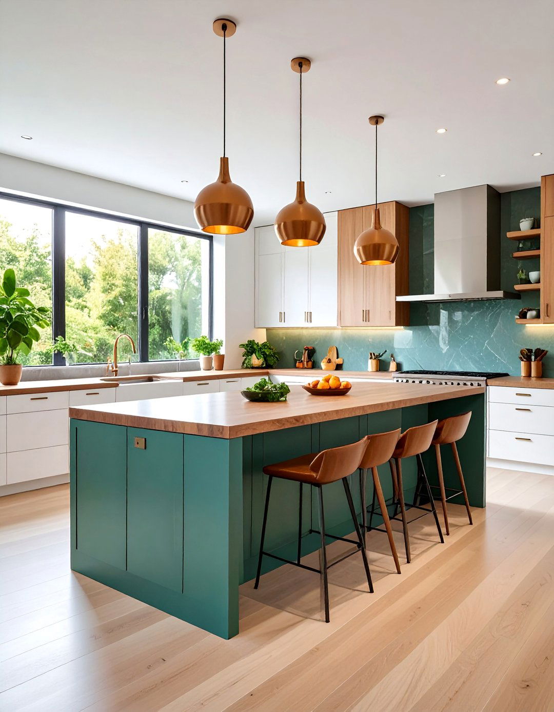 Modern Green Kitchen Island with Brown Waterfall Countertops - 25 Green and Brown Kitchen Ideas