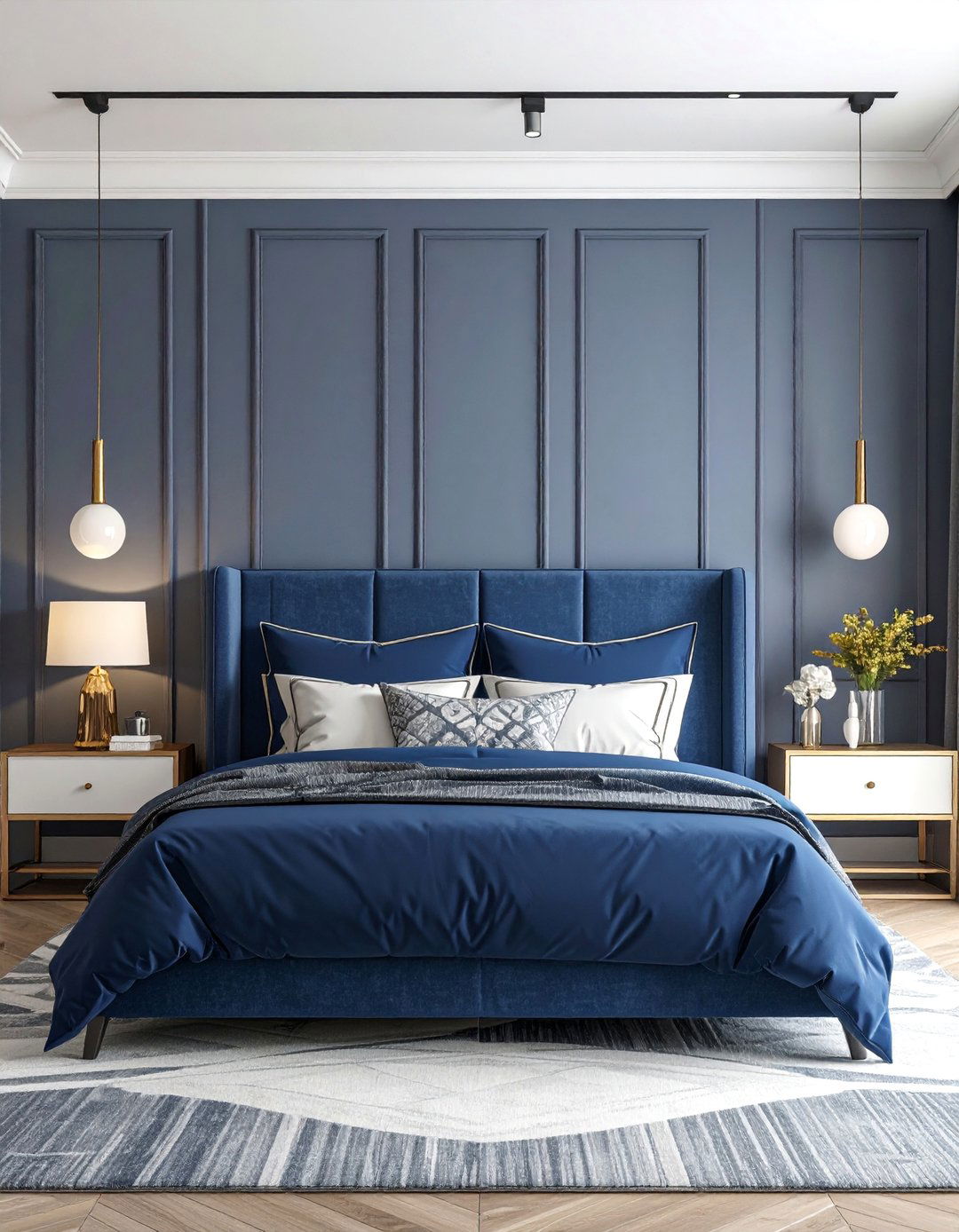 Modern Grey Panel Headboard with Navy Blue Details - 25 Grey Headboard Bedroom Ideas