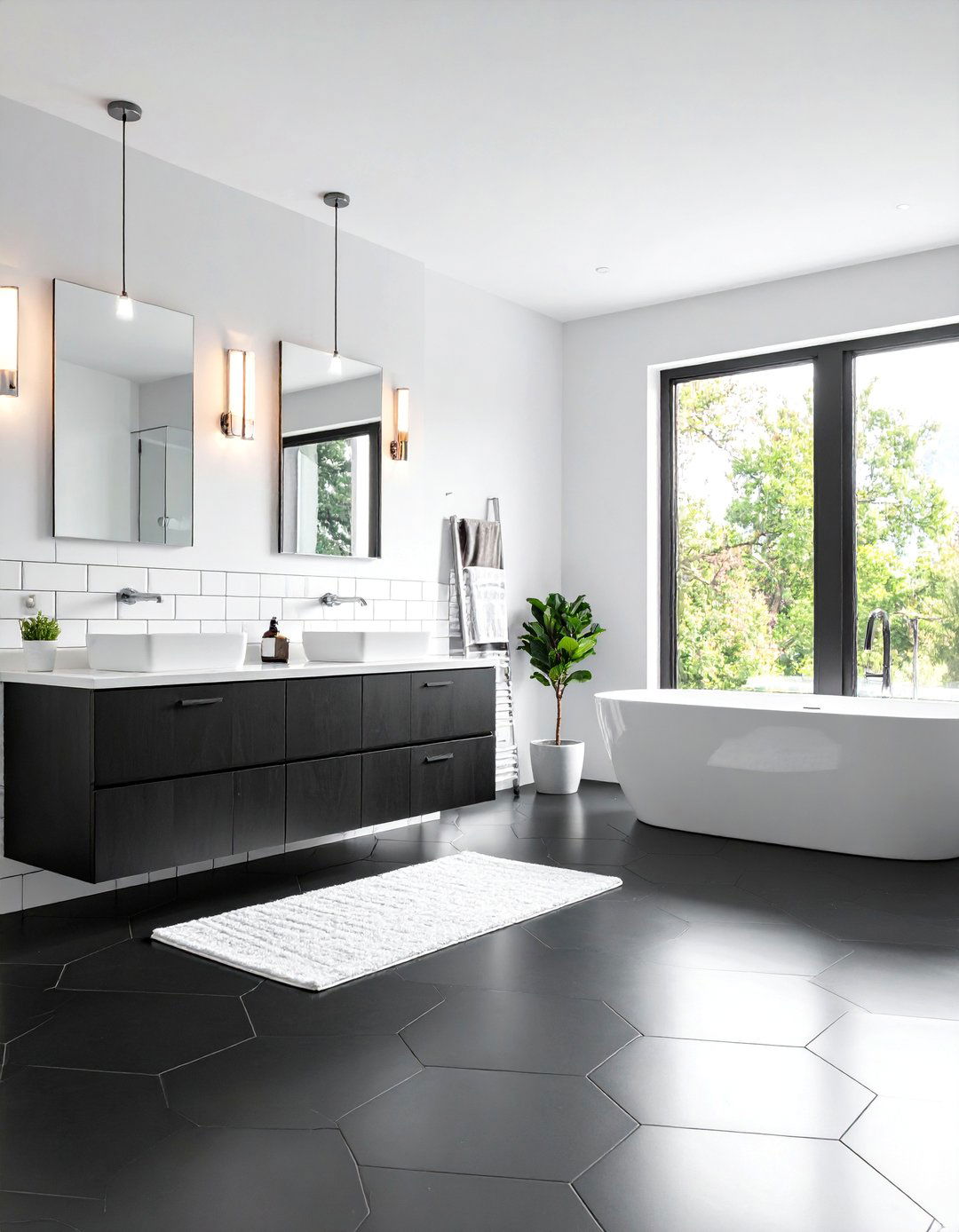 Modern Hexagon Black Floor Bathroom with White Subway Walls - 25 Black Floor Bathroom With White Walls Ideas