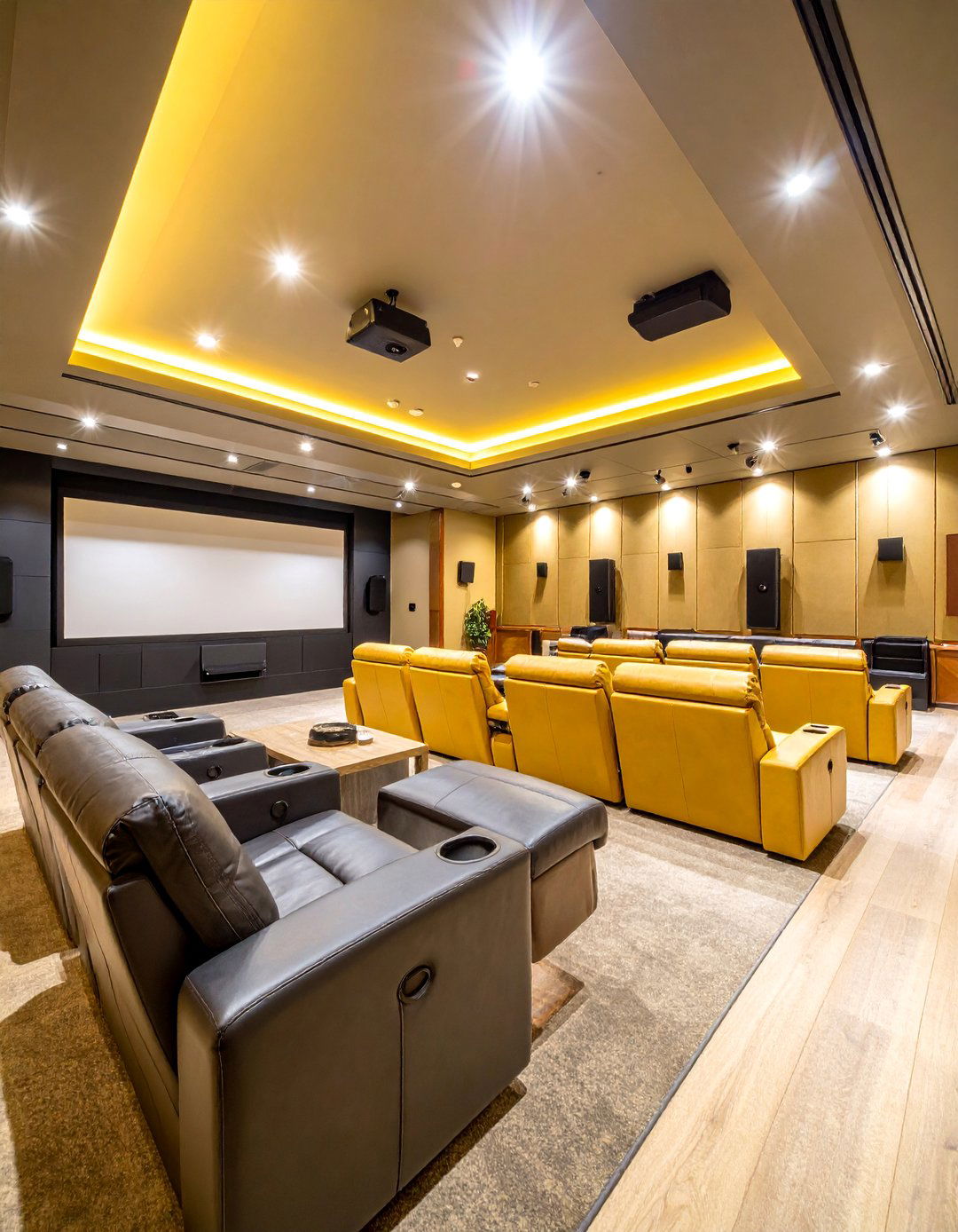 Modern Home Theater with Stadium Seating - 25 Basement Ideas
