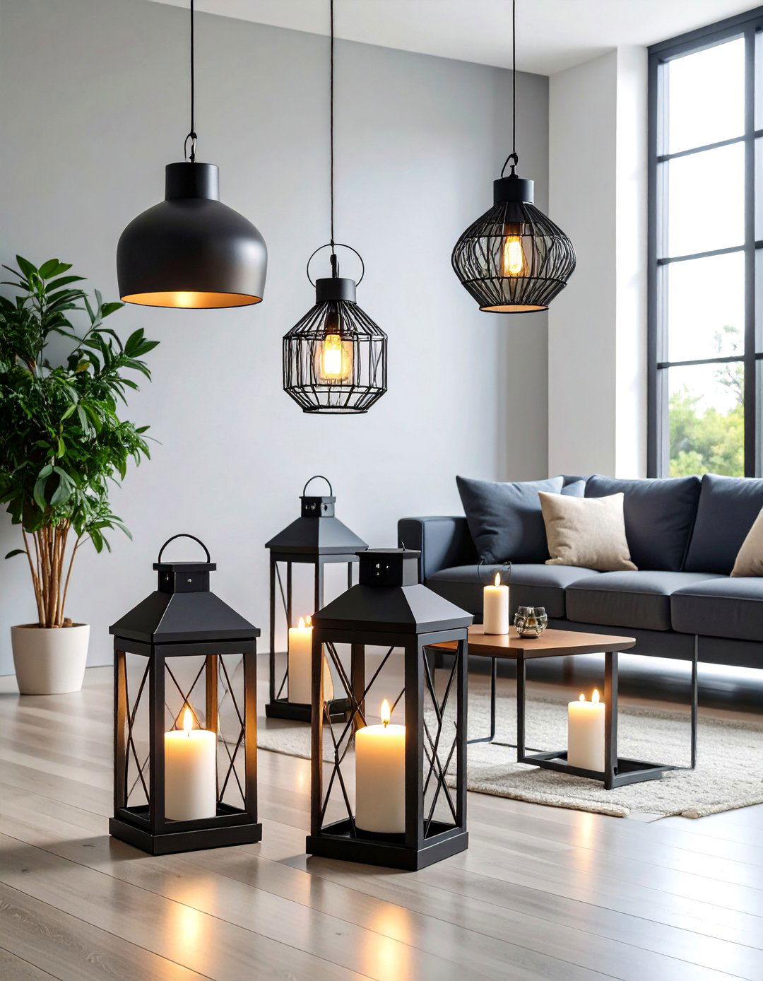 Modern Industrial Living Room with Black Metal Lanterns - 25 Lantern Decor Ideas