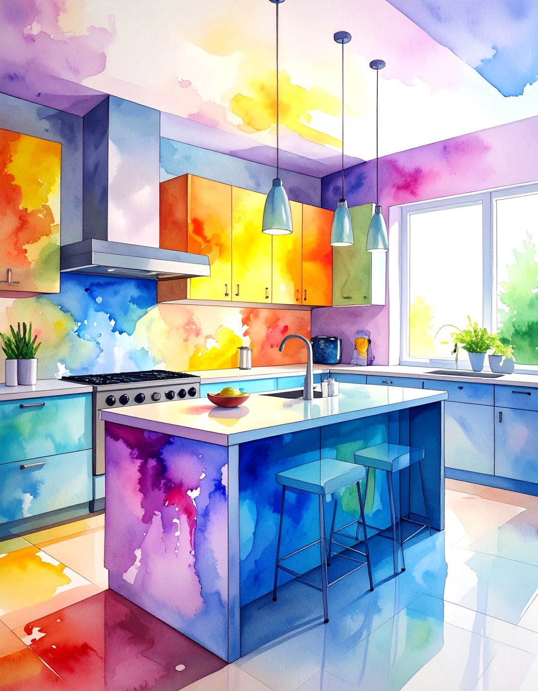 Modern Kitchen Drama with Abstract Watercolor Designs - 25 Kitchen Wallpaper Ideas