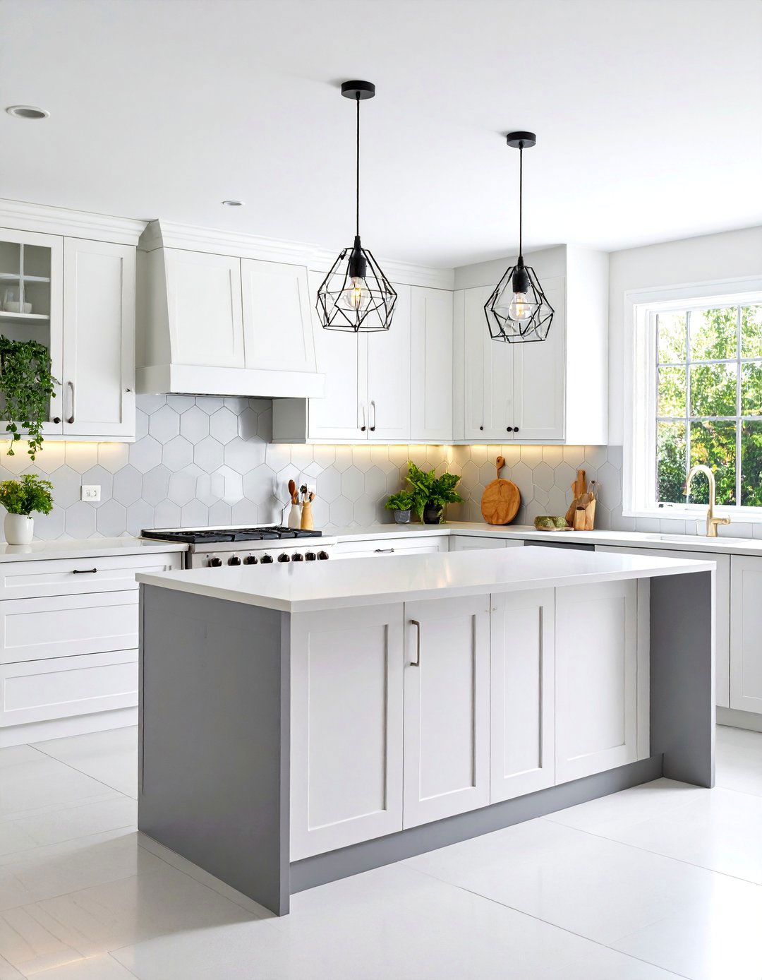 Modern Kitchen with Grey Hexagon Tiles - 25 Grey and White Kitchen Ideas