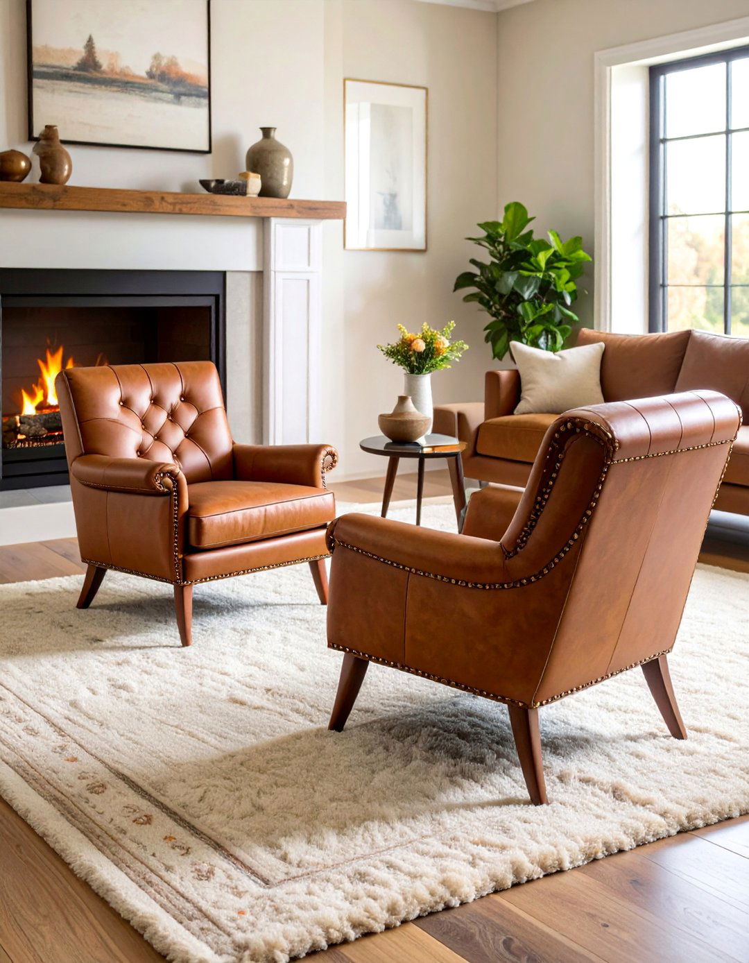 Modern Leather Club Chairs in Rich Cognac Tones - 25 Chairs in Front of Fireplace Ideas