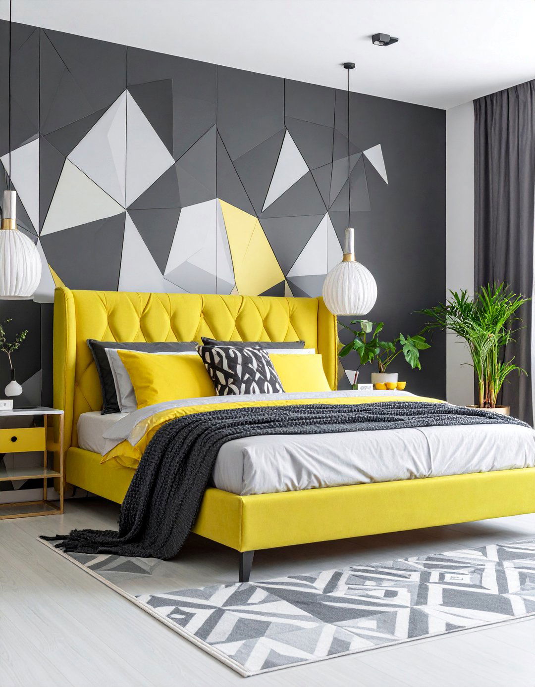Modern Lemon and Gray Geometric Bedroom Design - 25 Lemon Bedroom Ideas