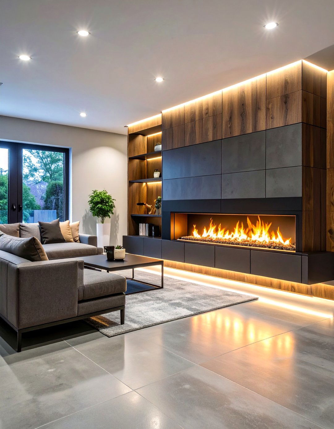 Modern Linear Electric Basement Fireplace with Built In Media Center - 25 Basement Fireplace Ideas