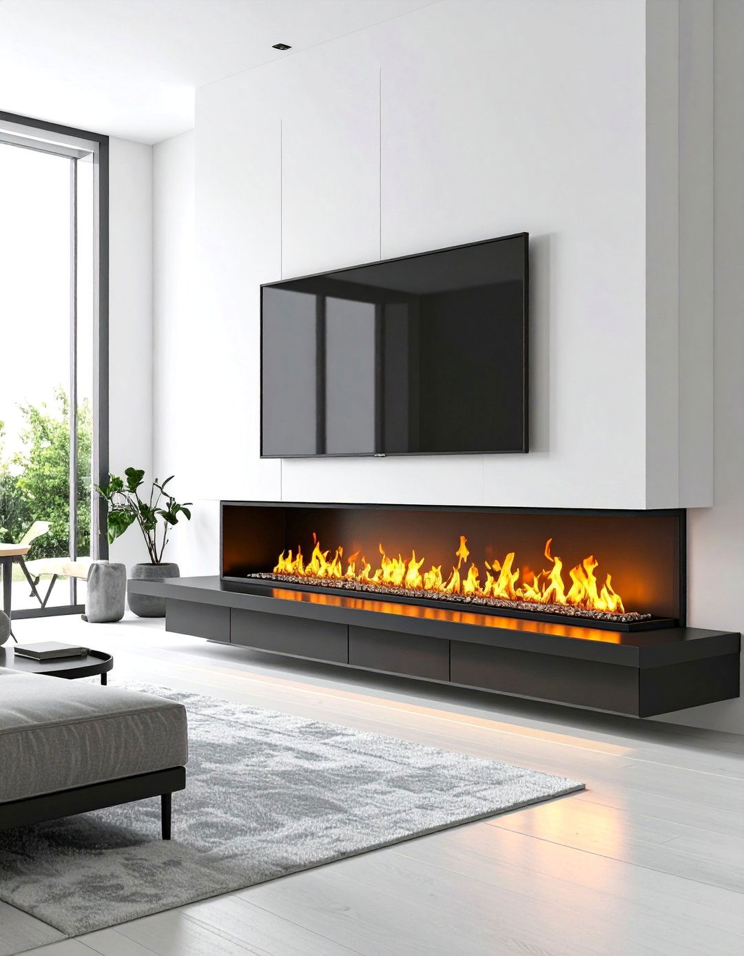 Modern Linear Fireplace with Floating TV Console - 25 Tv Over Fireplace Ideas