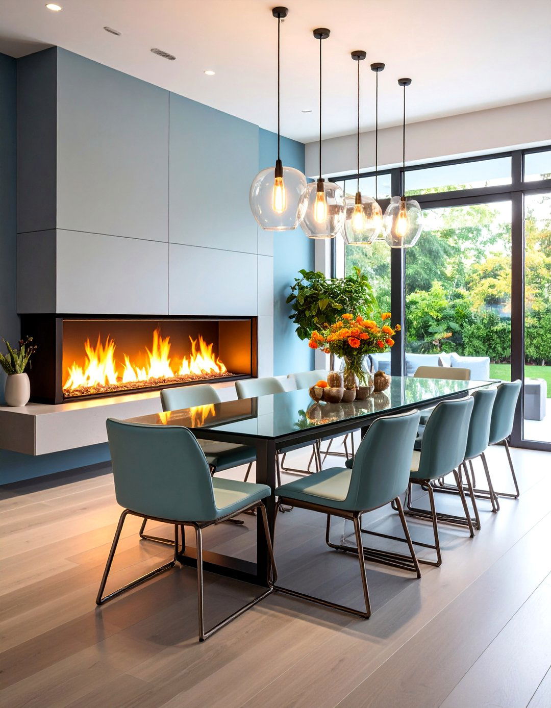 Modern Linear Gas Fireplace with Clean Lines - 25 Dining Room With Fireplace