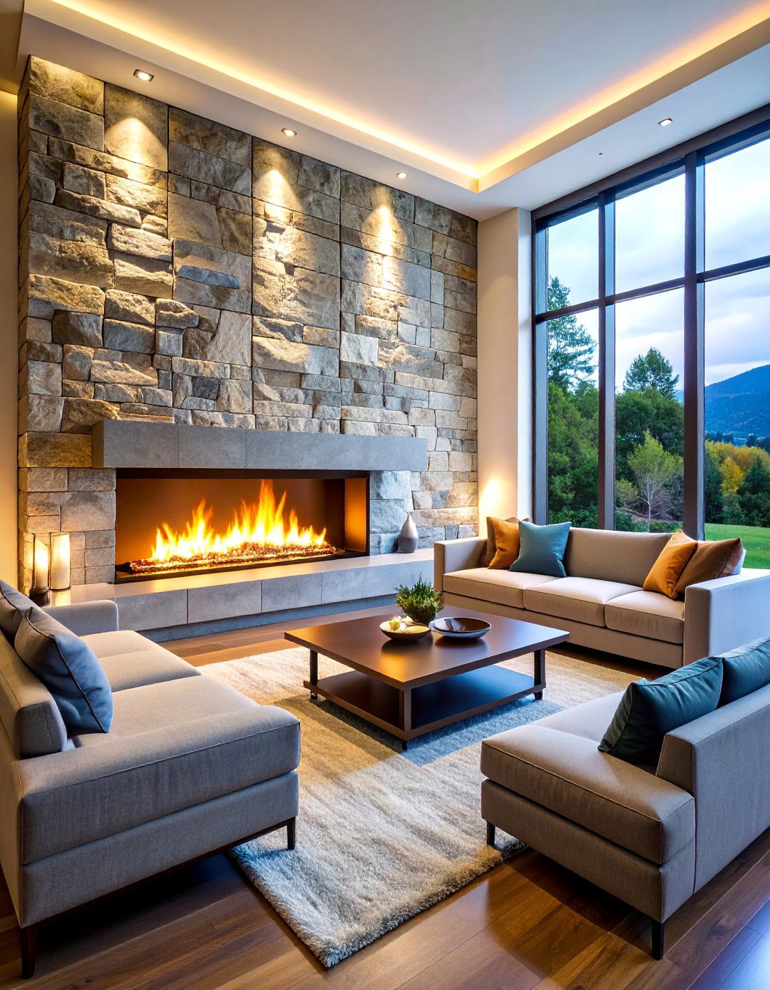 Modern Linear Stone Accent Wall Fireplace - 25 Floor to Ceiling Fireplace Ideas