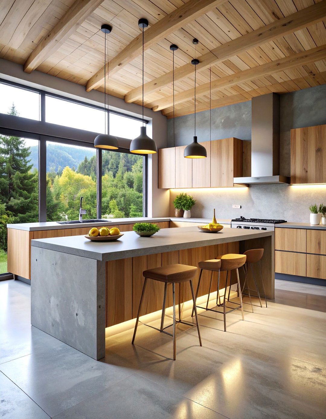 Modern Log Cabin Kitchen with Concrete Countertops and Minimalist Design - 25 Log Cabin Kitchen Design Ideas
