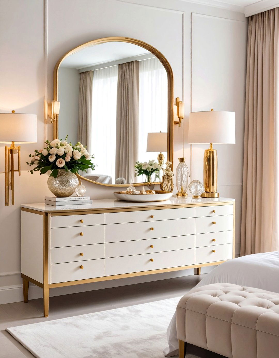 Modern Luxe Dresser Styling with Metallic Glamour - 25 Dresser Decor Ideas