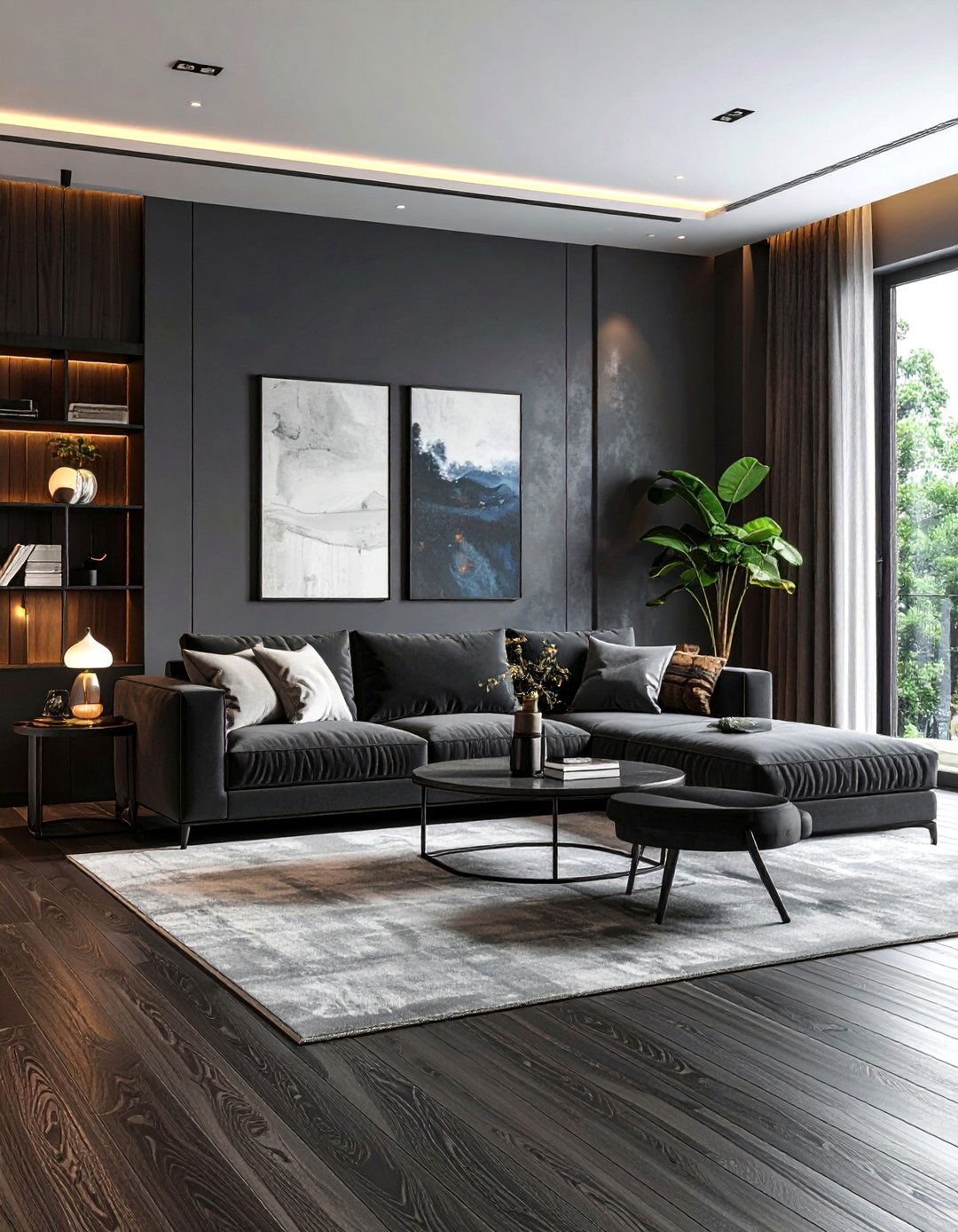 Modern Luxury Grey Living Room with Designer Elements - 25 Grey Living Room With Dark Wood Floors