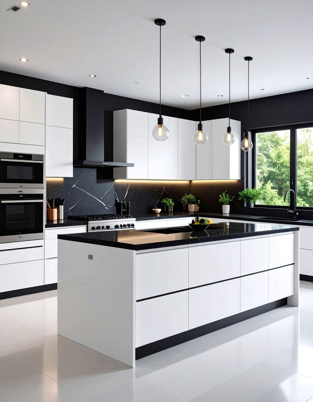 Modern Luxury Kitchen with Integrated Appliances and Black Quartz - 25 white kitchen with black countertops ideas