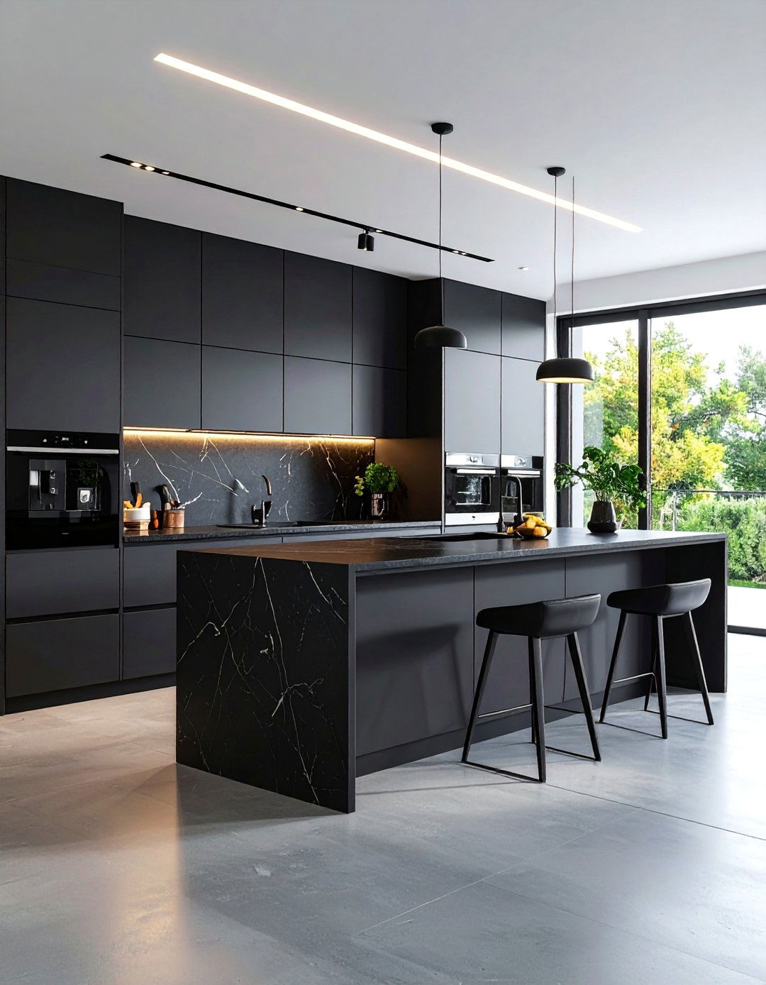 Modern Luxury Kitchen with Slab Doors and Black Quartz Waterfall Island - 25 Kitchen With White Cabinets and Black Countertops Ideas