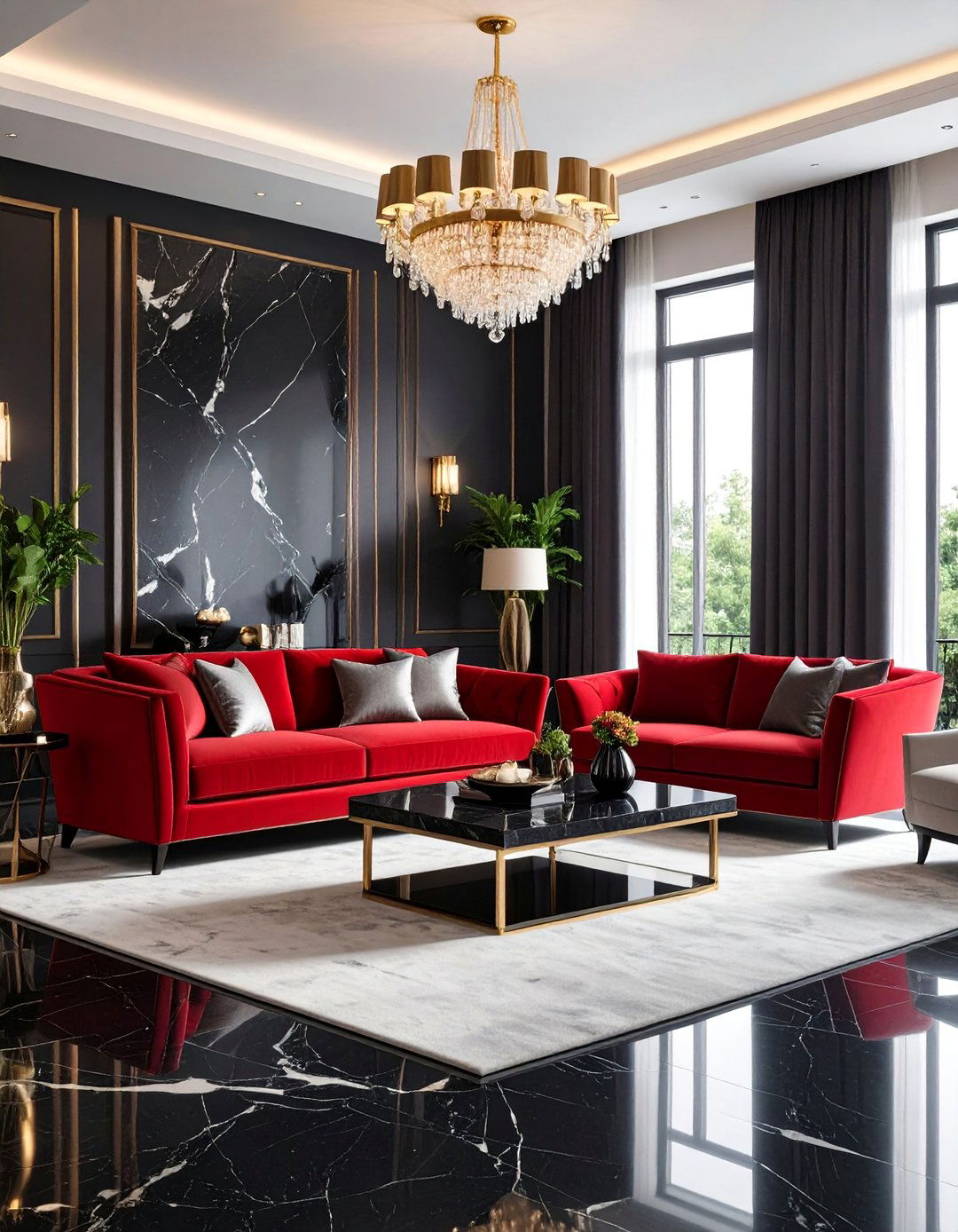 Modern Luxury Living Room with Red Silk and Black Marble - 25 Black and Red Living Room Ideas