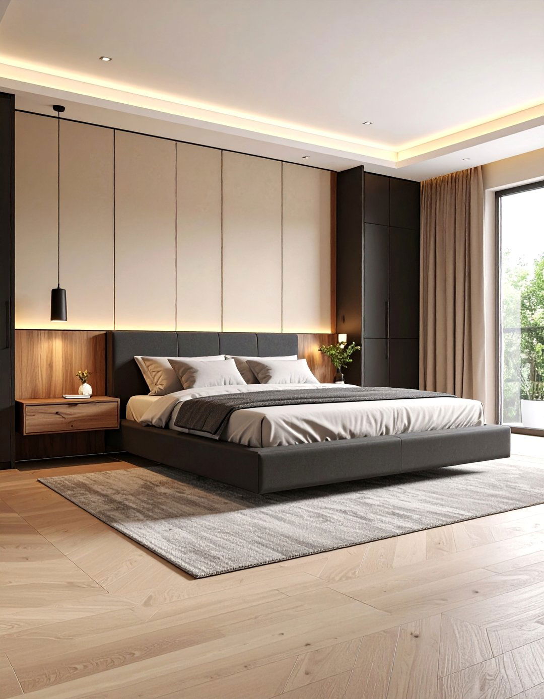 Modern Master Suite with Built in Storage - 25 Black and Beige Bedroom Design Ideas