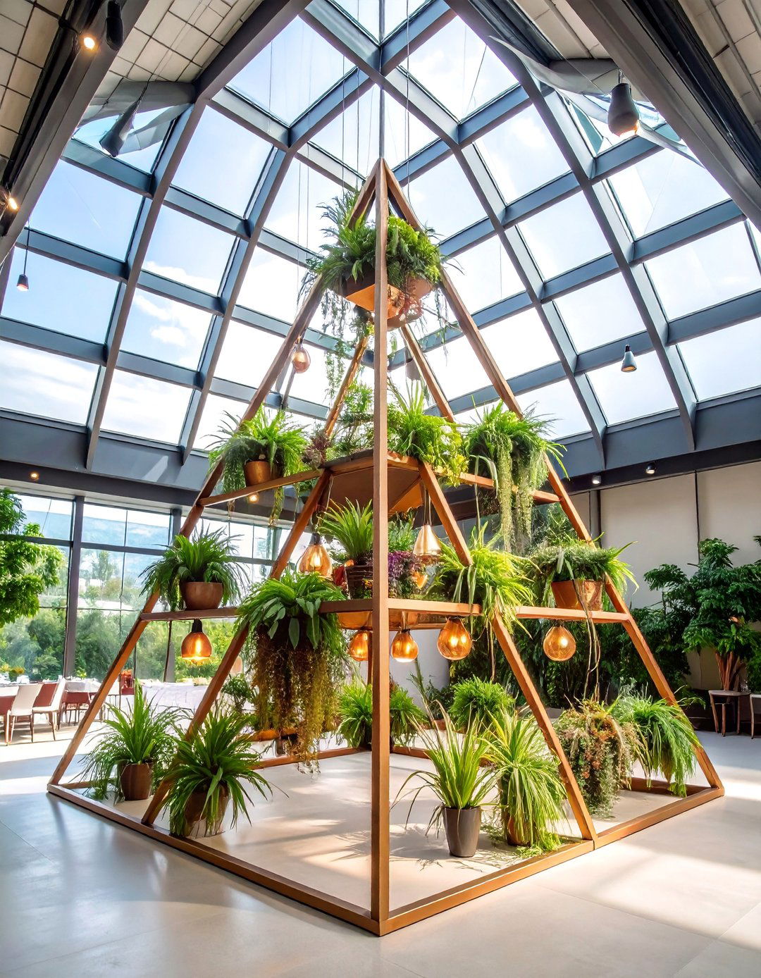 Modern Metal Pyramid with Hanging Air Plants - 25 Tall Wedding Centerpiece Ideas