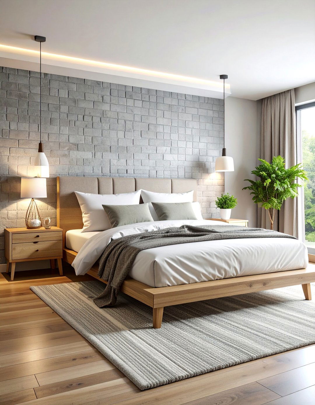 Modern Minimalist Bedroom with Grey Brick Accent Wall - 25 Brick Wallpaper Ideas