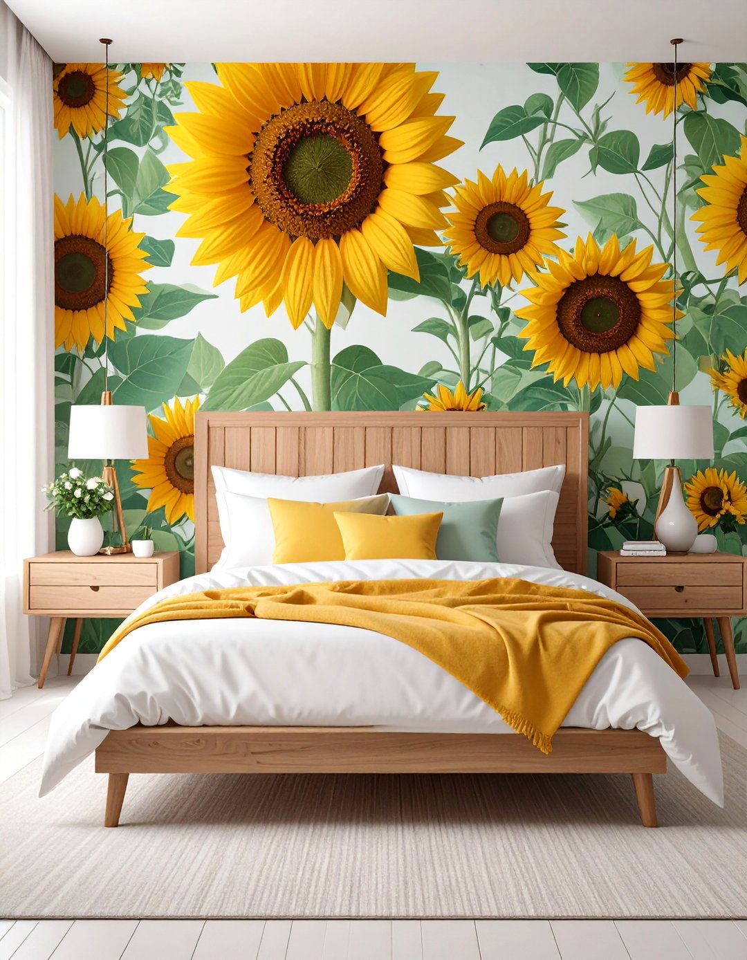 Modern Minimalist Bedroom with Sunflower Accent Wall - 25 Sunflower Bedroom Ideas