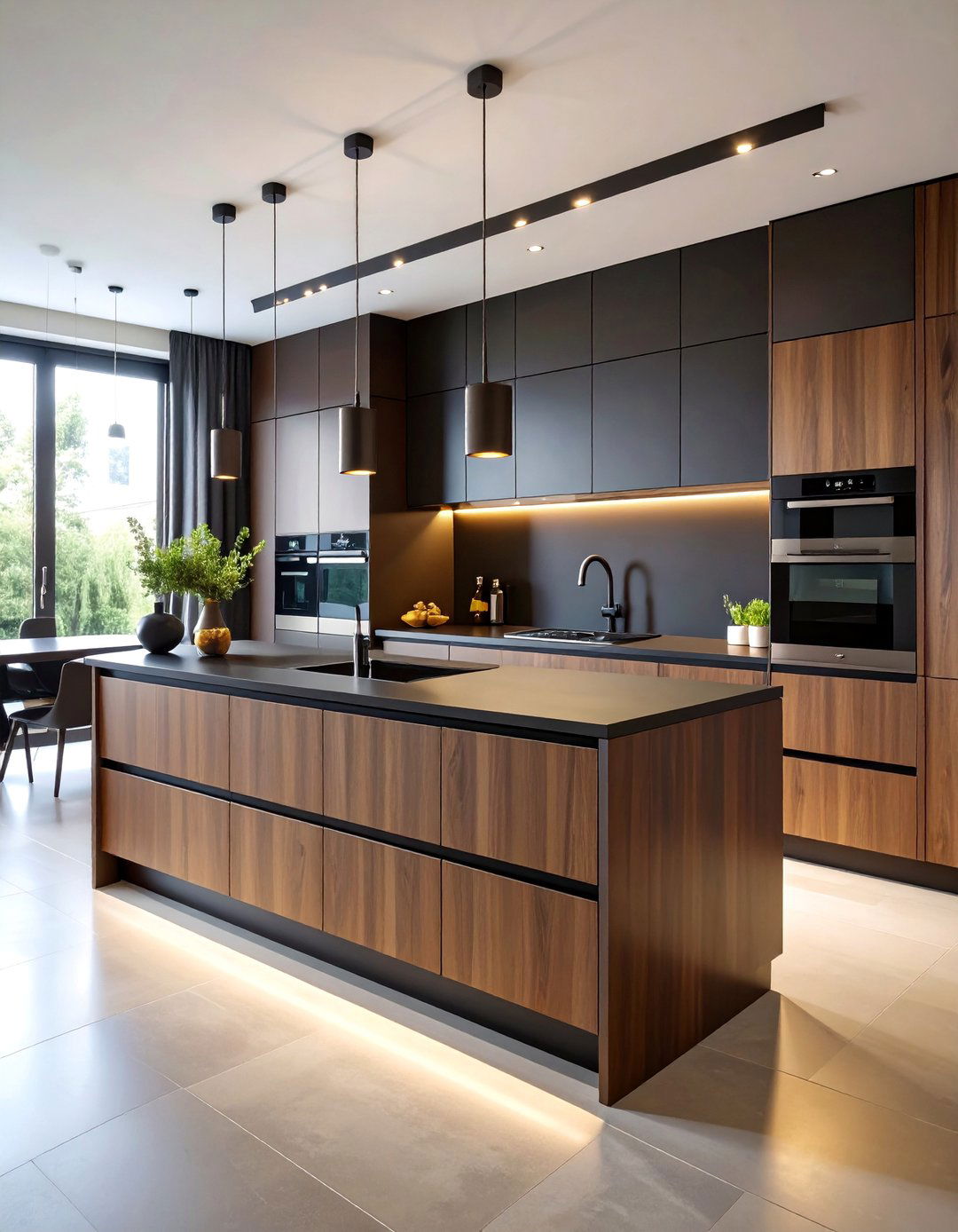 Modern Minimalist Brown with Black Solid Surface - 25 Brown Kitchen Cabinets With Black Countertops