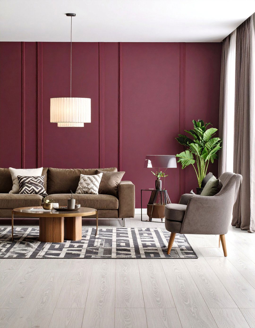 Modern Minimalist Burgundy Accent Wall - 25 Burgundy Living Room Ideas
