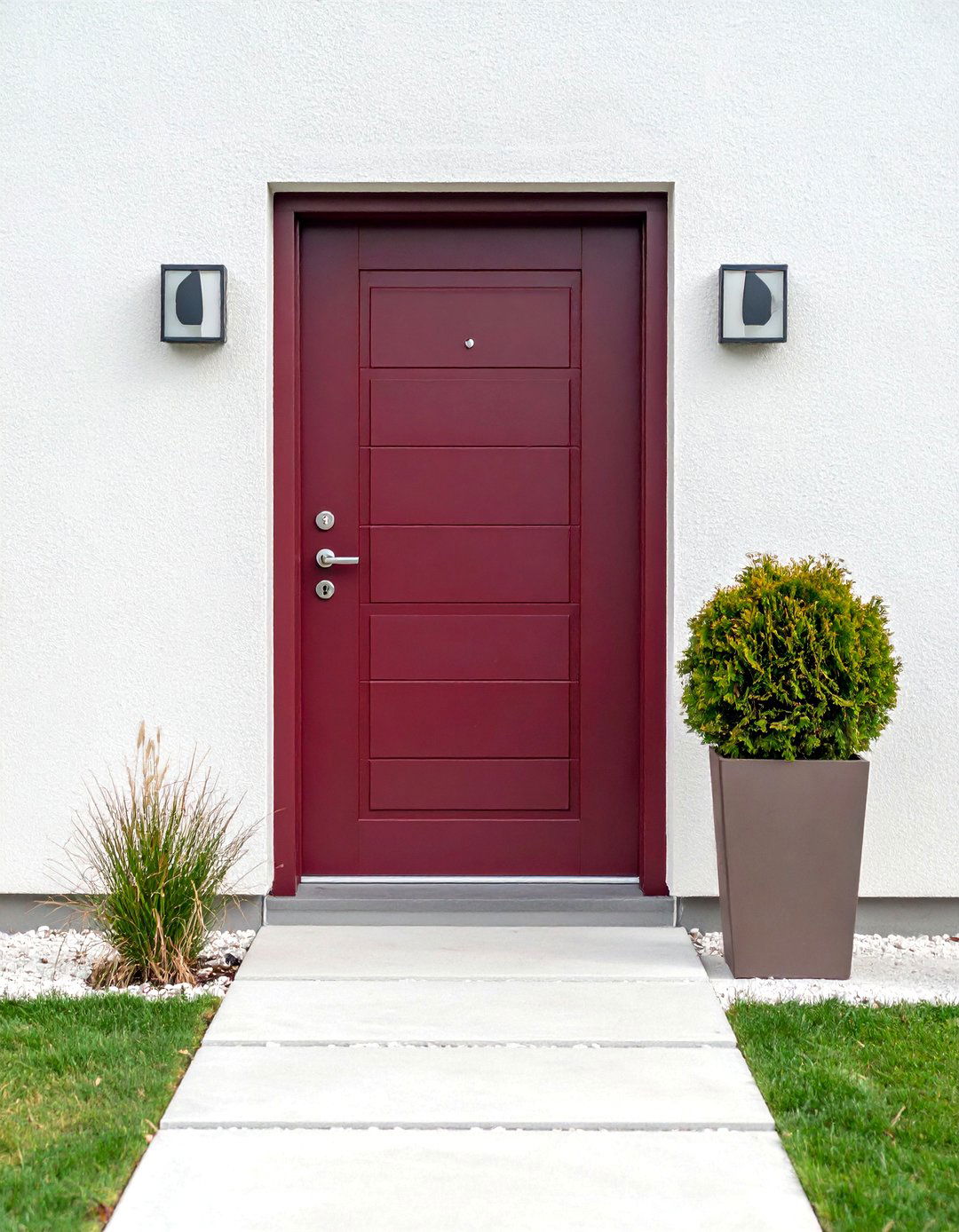 Modern Minimalist Burgundy Front Door on Smooth White Stucco - 25 Burgundy Front Door Ideas