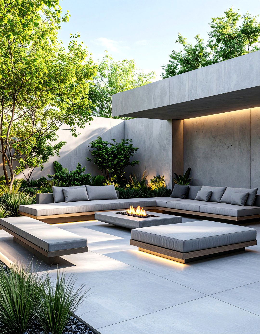 Modern Minimalist Concrete Fire Pit with Linear Seating - 25 Sunken Fire Pit Ideas