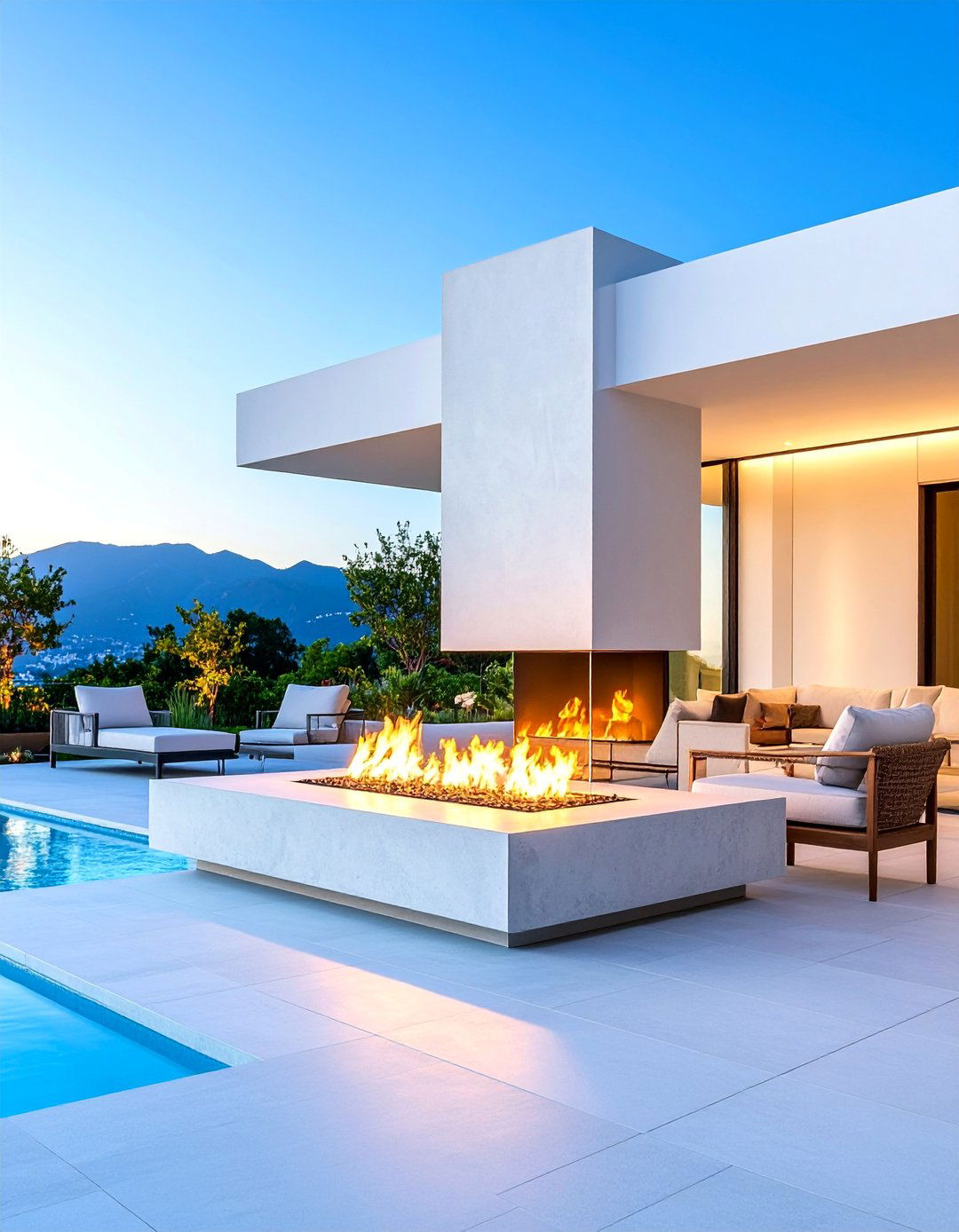 Modern Minimalist Corner Fireplace with Glass Wind Guards - 25 Outdoor Corner Fireplace Ideas