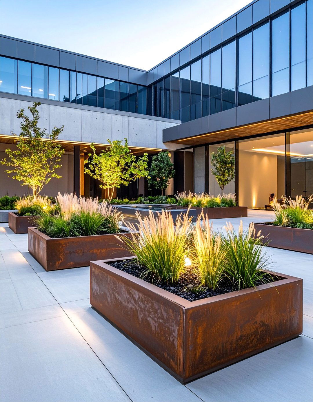 Modern Minimalist Courtyard with Steel Planters - 25 Courtyard Ideas