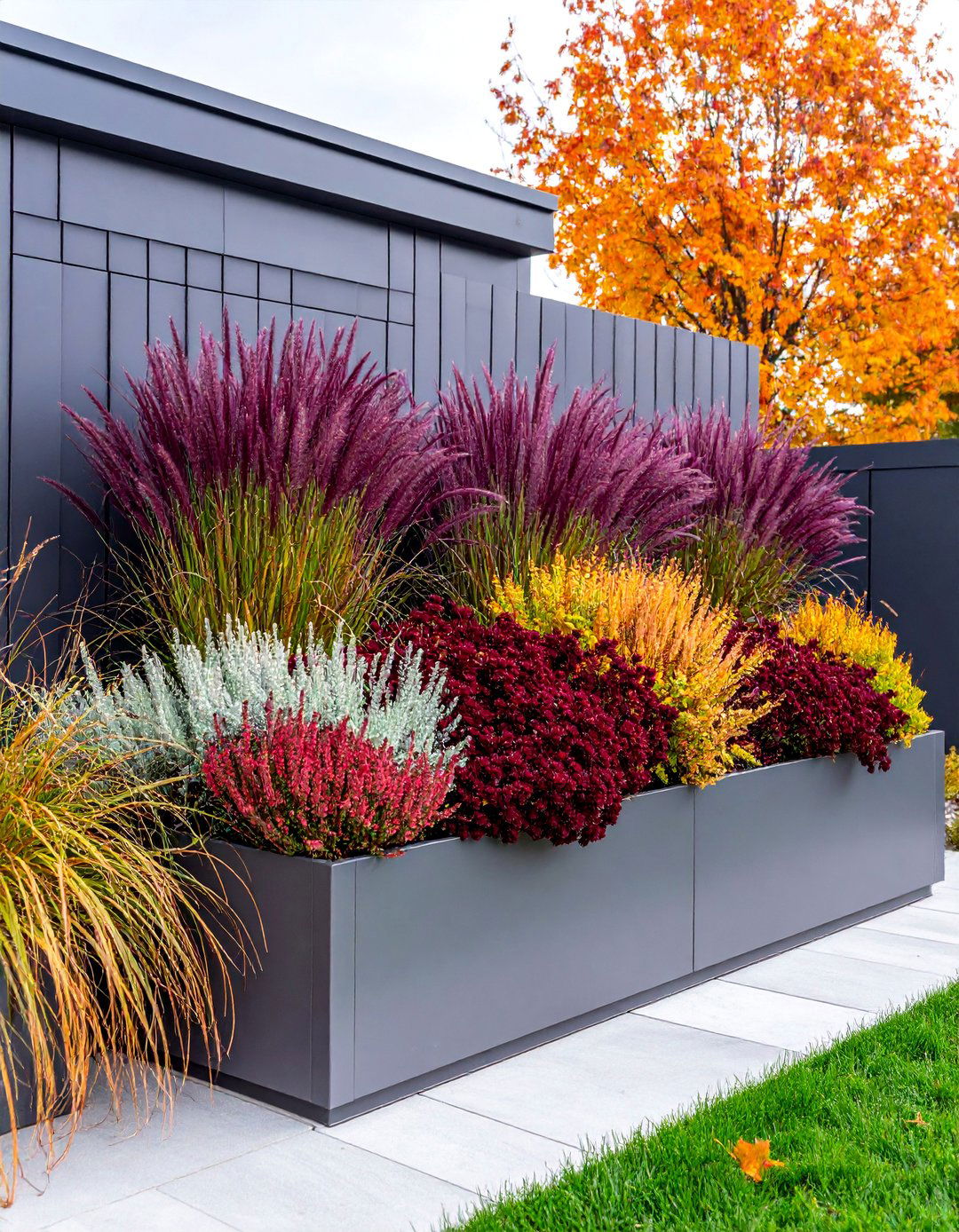 Modern Minimalist Fall Flower Box with Ornamental Grasses - 25 Fall Flower Box Ideas
