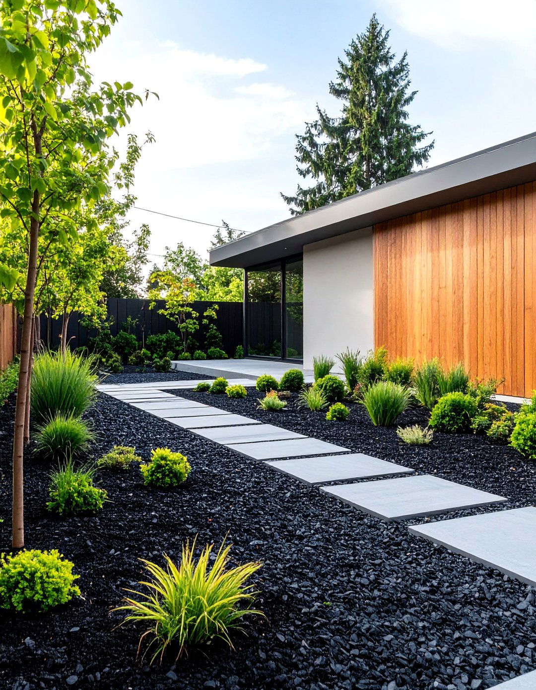 Modern Minimalist Garden with Black Mulch and Architectural Plants - 25 Black Mulch Landscaping Ideas