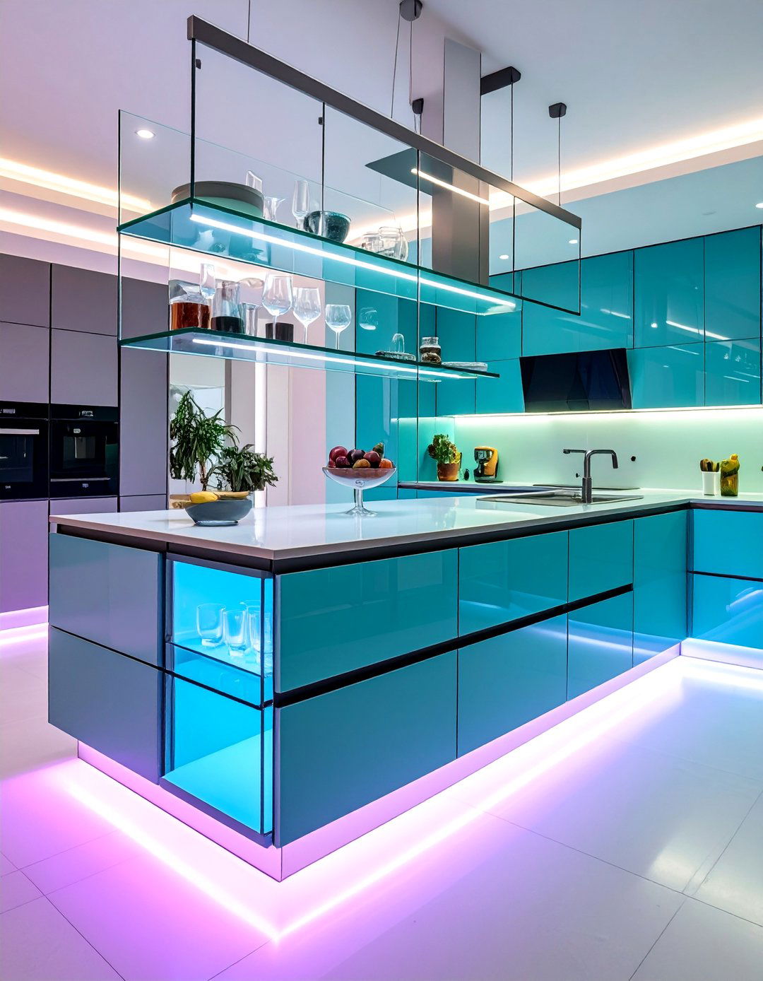 Modern Minimalist Glass Shelving with LED Lighting - 25 Open Shelving Kitchen Ideas