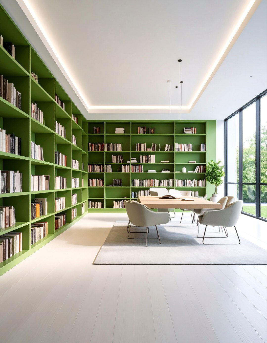 Modern Minimalist Green Library Design - 25 Dark Green Home Library Ideas and Inspiration