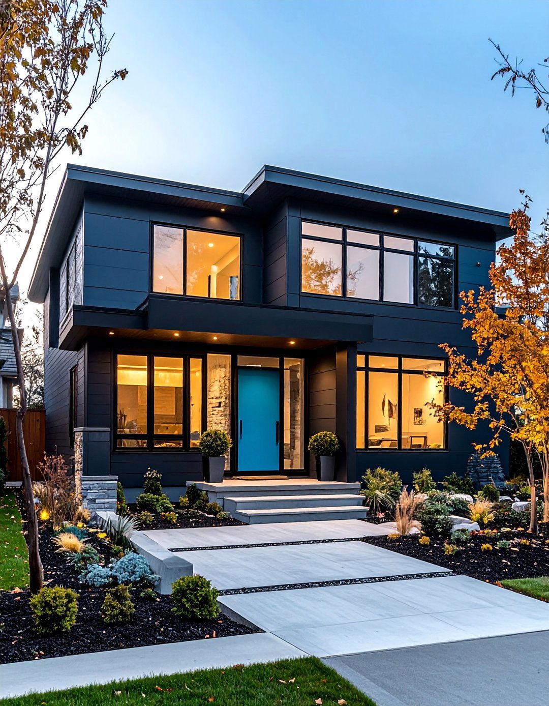 Modern Minimalist Grey Exterior with Teal Blue Door - 25 Grey House With Blue Door Ideas