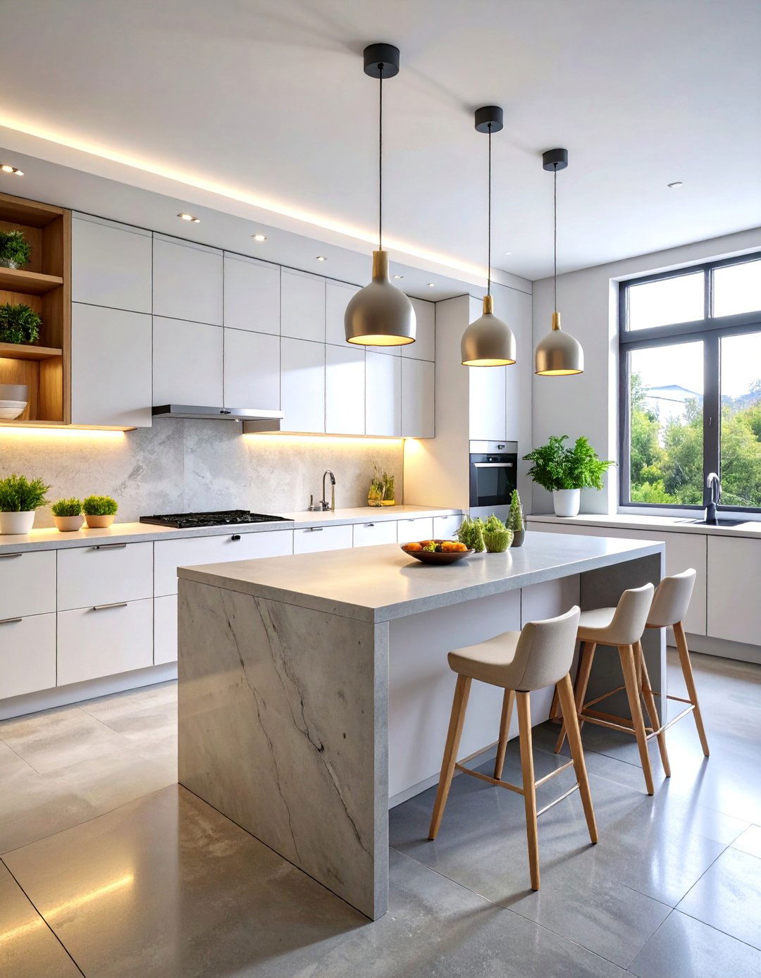 Modern Minimalist Kitchen with Concrete Countertops and White Flat Panel Cabinets - 25 kitchen with dark countertops and light cabinets